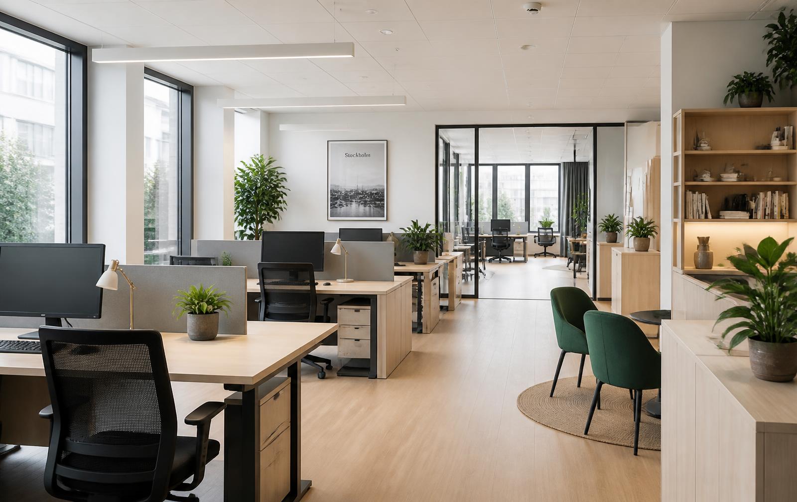Ljust modernt skandinaviskt kontor med stora fönster och växter